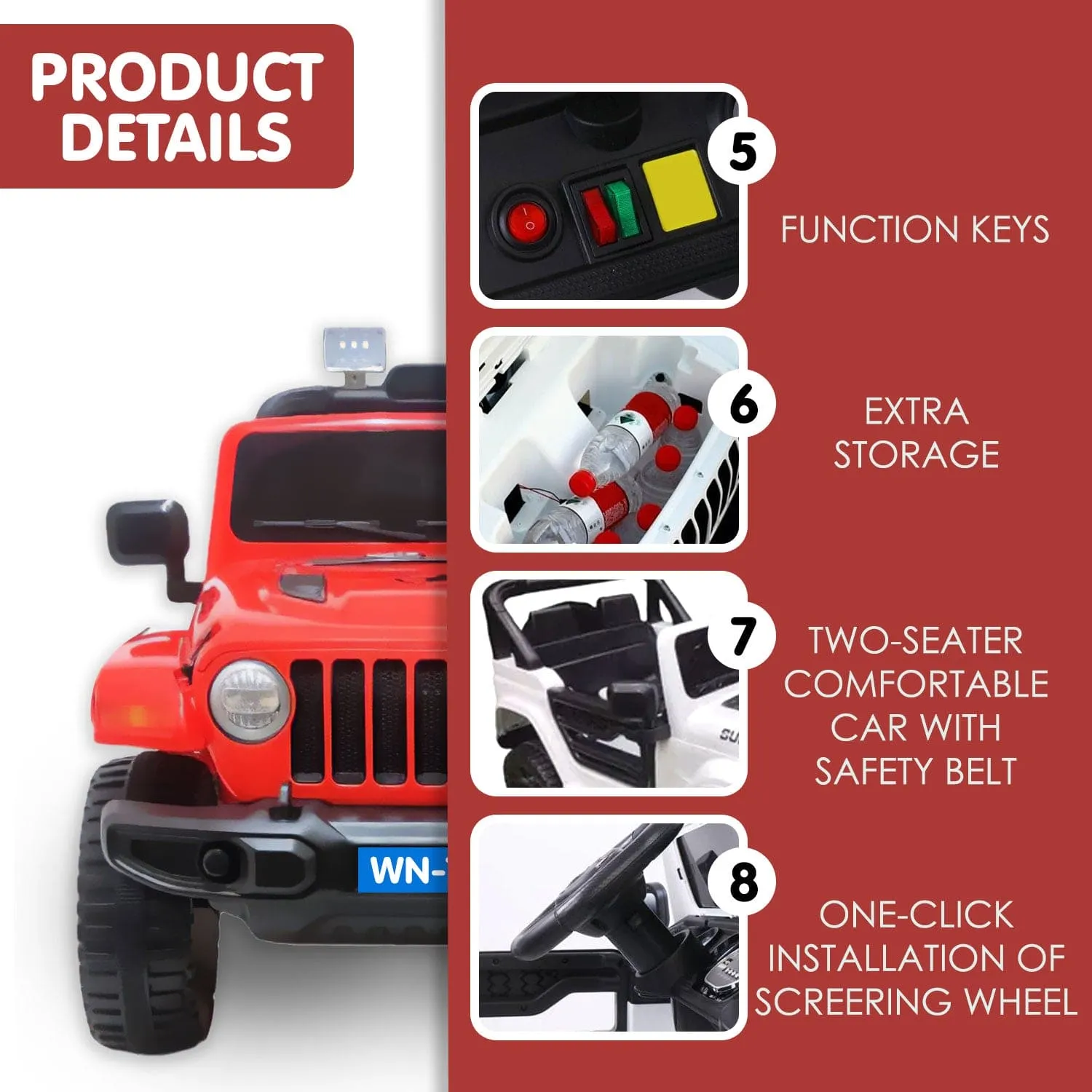 Baby Moo 4X4 Battery Operated Electric Ride On Jeep With Rechargeable 12V Battery, Remote Control Double Seat - Red
